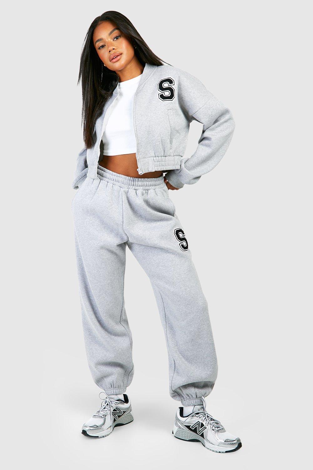 Womens Towelling Applique Bomber Jacket And Cuffed Jogger Tracksuit - Grey - Xs, Grey